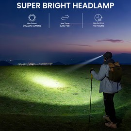 LED Headlamp Rechargeable 2Pack, 990000 Lumens Bright Head Lamp Βattery Include, 90° Adjustable Head Lights for Forehead with 3 Modes, Long Runtime & Waterproof Headlamps for Adults Camping Hiking