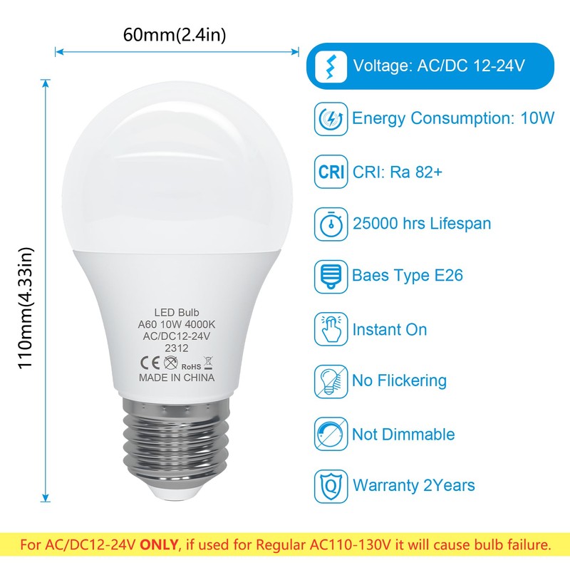 ORALUCE 12V LED Light Bulb Low Voltage,AC/DC 12-24V A19 E26