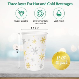 30 Pieces Christmas Paper Cups Snowflakes, Disposable Cups for Winter Party Supplies and Daily Use, Christmas Party Cups for Hot and Cold Beverages, White 12 Ounce