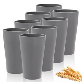 EI 8pcs Dark Grey Wheat Straw Cups,15oz Plastic Reusable Cups,Unbreakable Plastic Tumbler Cups,Large Cups for Kitchen,Dishwasher Safe Water Plastic Glasses for Water, Coffee, Juice, Tea
