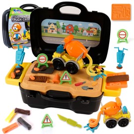 VBACALA Knete Set mit Baustellenfahrzeuge, Knete Zubehör Zement Baustelle Spielzeug mit Tragbarem Koffer, Knetwerkzeug Kinder knete ab 3 4 5 6 Jahre, Geschenke für Kinder Jungen Mädchen