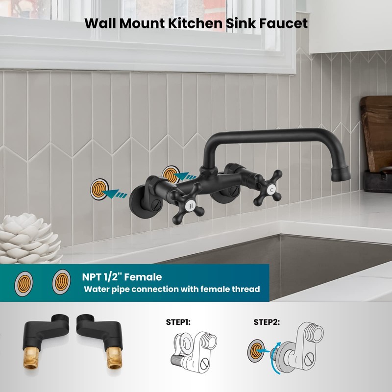 gotonovo Wall Mount Kitchen Sink Faucet Double Cross Handle Commercial