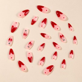 French Tip Heart Press on Nails Medium Almond Fake Nails with Cherry Designs Cute Heart False Nails Red Glossy Full Cover Glue on Nails Valentines Stick on Nails for Women Girls 24 Pcs