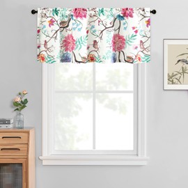 VOGOL Linen Textured Valances for Kitchen Windows, Bright Bird Flower Print Decorative Window Topper for Farmhouse Bathroom, Rod Pocket Top, 1 Panel, 54 x 18 Inches