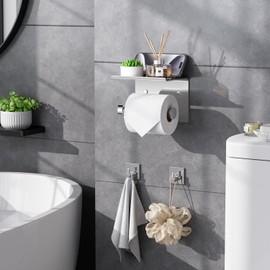 Tindbea Toilet Paper Holder with Phone Shelf + Towel Robe Hooks, Adhesive or Screw Wall Mounted Toilet Paper Roll Storage, Stainless Steel Bathroom Tissue Roll Holder (Polished Chrome)