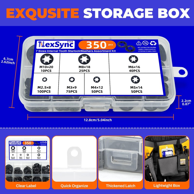 NexSync 350PCS 65Mn Steel Internal Tooth Star Lock Washers Kit