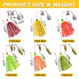 6pcs Spinnerbait Bass Fishing Lure, Spinner Bait Lure Kits Hard Metal Lure Jig Fishing Lures Topwater Buzzbait Swimbait for Trout Salmon Pike Saltwater and Freshwater Fishing