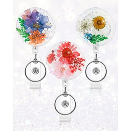 KJQJLY 3 Pcs Cute Flower Badge Reels Retractable for Nurse, Dried Floral Resin Badge Holder with Key Ring, Decorative Nursing Badge Clip for Women Doctor Teacher ID Card(Classic)
