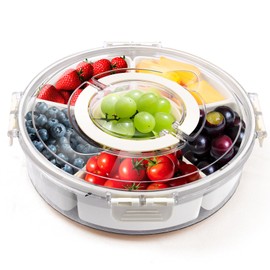 QJAFRUDH Candy Organizer with 360° Rotating Base, Divided Serving Tray with Lid and Handle, Snack Containers for Adults, Veggie Fruit Tray for Kitchen, Parties, Travel