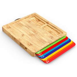 Prep EZ Cutting Boards for Kitchen – Bamboo Cutting Board with 7 Color-Coded Chopping Mats + Bonus Wood Cutting Board – Knife-Friendly & Dishwasher Safe Wooden Cutting Boards for Kitchen.