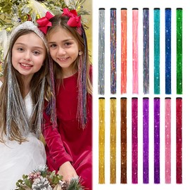 MYKURS Clip in Tinsel Hair Extensions for Kids, Glitter Hair Extension Clips, Fairy Hair Tinsel Kit for Girls, 16 PCS