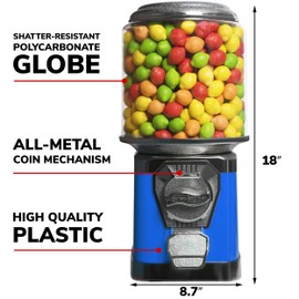 Gumball Machine for Kids - Vending Machine with Metal Stand & Cylinder Globe - Bubble Gum Blue Vending Machine and Black Metal Stand Bundle - Coin Gumball Machine