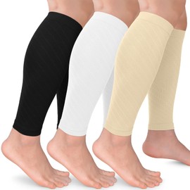 BLONGW Calf Compression Stockings for Women and Men, 3 Pairs Calf Support Stockings, Flight, Running, Travel, Cycling, Black/White/Beige, S - M