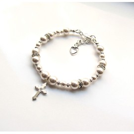 Sterling Silver Cross Bracelet, Pearl Bracelet, First Communion Confirmation Gifts for Girls Pearl Bracelet, Christian Jewelry