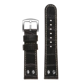 DASSARI Crocodile Embossed Aviator Pilot Leather Quick Release Watch Band Strap with Rivets - Black (Silver Buckle) - 24mm