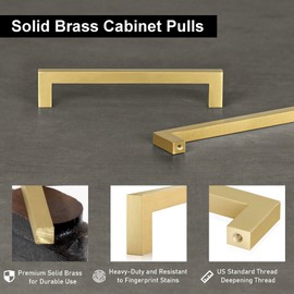 QOGRISUN 5 Pack Solid Brass Cabinet Pulls, 7-9/16 Inch Hole Center, Brushed Matte Gold Square Drawer Handles, Modern Brass Hardware for Kitchen Dresser Bathroom Cupboard Furniture