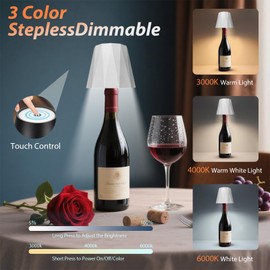Sigasanio Wireless Wine Bottle Lamp for Table Lamps, 3 Color Rechargeable Wine Bottle Lights for Bedroom Bars Restaurants (White)