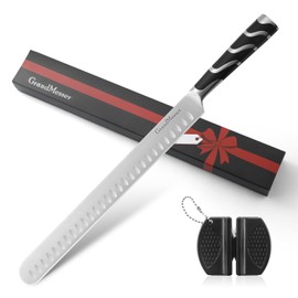 GrandMesser Carving Knife, 12 Inch Slicing Knife for Meat, Premium German Steel with ABS Handle, for BBQ Brisket Turkey Ham Rib Roast Beef with Sharpener.