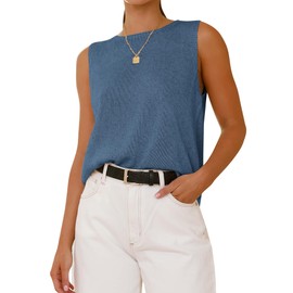 BTFBM Women's Sleeveless Sweater Vest 2025 Summer Crew Neck Ribbed Knit Lightweight Pullover Casual Loose Fit Tank Tops(Grey Blue, X-Large)