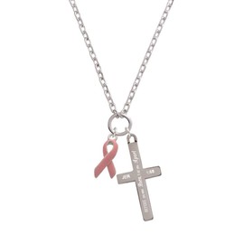 Delight Jewelry Silvertone Pink Ribbon I Set You Apart Engraved Cross Zoey Necklace, 28"