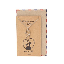 quan jewelry Love and A Cat Necklace for Women with Greeting Card, Kitty Charm Gifts for Meow Lovers, Pet Memorial Jewelry in Silver Tone, Adjustable Chain 16" to 18"