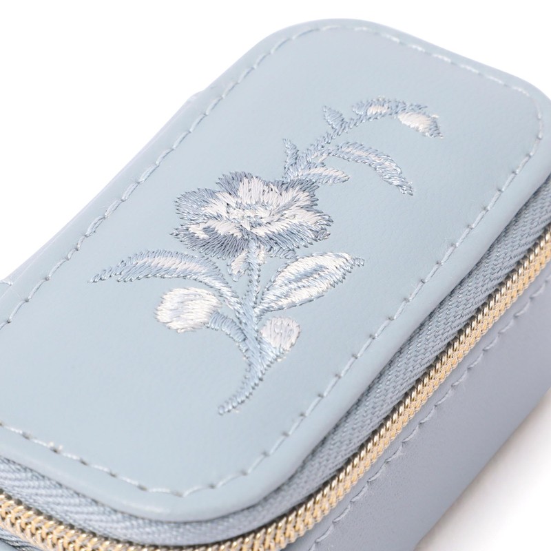 Francfranc French Embroidered Flower Mini Travel Jewelry Box Blue, blue