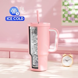 Meoky 30 oz Tumbler with Handle, Tumbler with Lid and Straw, Insulated Stainless Steel Travel Mug, 100% Leak-proof, Cupholder Friendly, Keeps Cold for 24 Hours or Hot for 8 Hours (Blush)