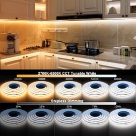 MIWISE COB LED Strip Light White LED Tape Lights 2700K-6500K 24V Color Changing Dimmable 32.8ft UL-Listed Super Bright with Remote & APP Control for Under Cabinets,Bedroom,Kitchen,Mirror,DIY Lighting