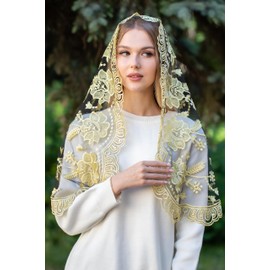 MariaVeils Catholic Mantilla Mass Head Covering - Lace Chapel Veil (Yellow/Black)