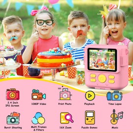 GREENKINDER Kids Camera, Instant Camera for Kids 1080P 2.4 Inch with 32GB Card, 3 Rolls Print Paper and Colour Pens Digital Camera, Birthday Christmas Kids Toys Gifts Kids Camera for Kids Age 3-12