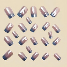 Chrome Press on Nails Medium Square Fake Nails Silver Gradient French Tip Nails Glossy Shiny Full Cover Glue on Nail Laser Acrylic Stick on Nail Reusable False Nail for Women 24Pcs