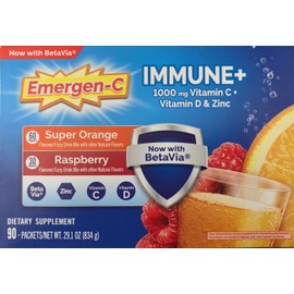 Emergen-C Immune+ 1000 mg Vitamin C + Vitamin D & Zinc, (Super Orange 60 Ct/Raspberry 30Ct) 90 Packets