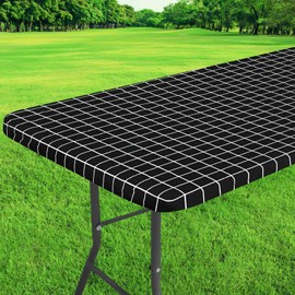 ASTNIC Elastic Tablecloth Waterproof Rectangular Vinyl Tablecloth with Flannel Back, Wipe-Clean Oil-Resistant PVC Table Protector for Indoor Outdoor Picnic Camping Parties (75 x 180 cm, Black)