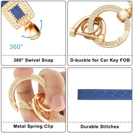 OHKYOOT Microfiber Leather Wristlet Keychain,Wrist Keychain Car Key Chain with 5 Key Ring and Anti-Lost D Ring (Denim blue Gold)