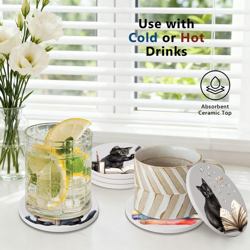 6Pcs Book Cat Coasters with Holder, Funny Ceramic Coaster for