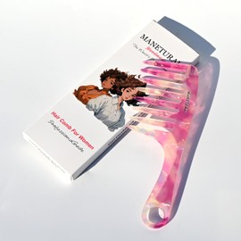 MANETURAL D1 | wide tooth comb 7.4"for easy portability. Suitable for Women's/girl curly, curly and tight hair, the short handle design is easy to carry. Acetate comb (Pink B)