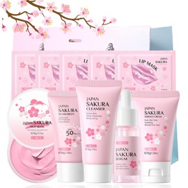 Sakura Skin Care Sets & Kits - Christmas Skincare Set for Teenage Girls Gifts - Sakura Pamper Gifts for Women - Facial Kit with Cleanser, Serum, Cream, Lip Mask, Mud Mask, Sunscreen