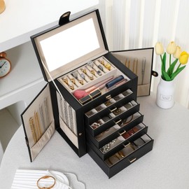 JOHN PHIL Large Jewelry Organizer，6-Layer 5 Drawer Synthetic Leather Jewellery Boxes for Women，Necklace Organizer Box with Mirrored ，Store Earrings, Rings, Watches.keeps Jewellery Organized (Black)