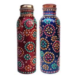 Set of 2 Pure Copper Hand Painted Water Bottle Ayurveda Health Home Kitchen Sports Daily Use Small Red + Blue