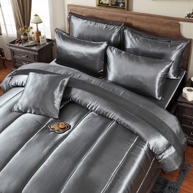 Bedding_Dreamer Silk Like Grey Comforter Set with Sheet Sets Queen