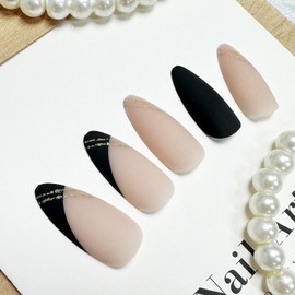 Black French Tip Press on Nails Medium Almond Fake Nails Matte False Nails Press Ons with Designs Glitter Gold Acrylic Glue on Nails Full Cover Artificial Stick on Nails for Women Manicure 24 Pcs