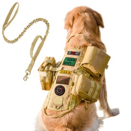 AIWAI Tactical Dog Harness with Pouches,Dog Vest Harness for Large Medium Dogs No-Pull Adjustable Military Dog Harness with Handle Walking Hiking Training (Khaki(with Leash), XL)