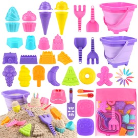 Joyreal 49 PCS Ice Cream Beach Toys - Sand Pit Toys with Collapsible Bucket and Spade Beach Set Kids with Shovel Tool Kits Storage Mesh Bag for Toddlers Boys Girls