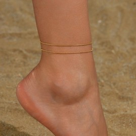 Gweqou Anklets for Women Dainty CZ Ankle Bracelet 18K Gold Plated Waterproof Boho Dot Star Moon Daisy Ocean Beaded Anklet Trendy Foot Jewelry