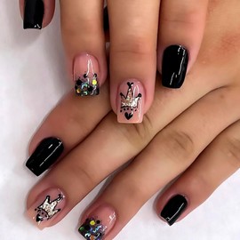 Short Coffin Press on Nails,Black Solid Color Fake Nails,Glitter Crown Design False Nails with Glue on Nail,Glossy Full Cover Stick on Nails,Reusable Artificial Fingernail for Women Girls 24Pcs