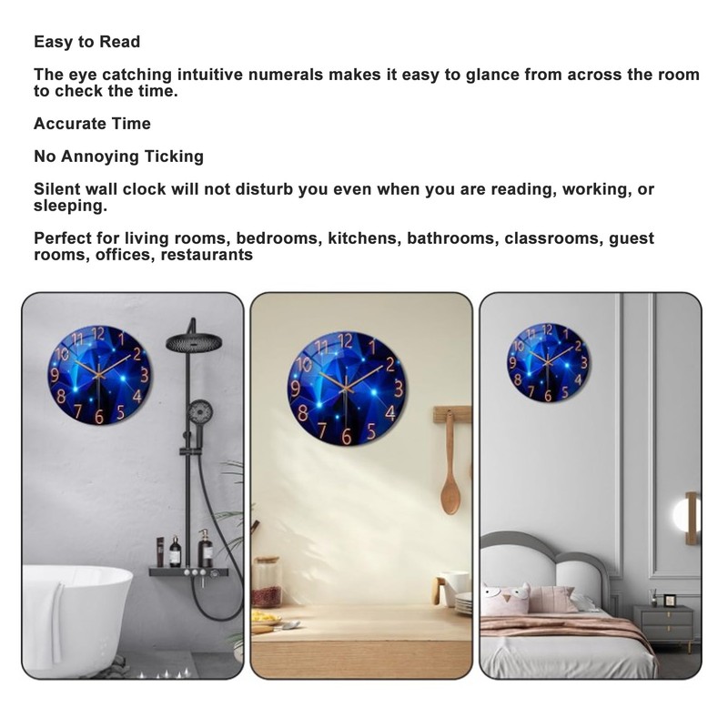 30cm Glass Blue Wall Clock for Living Room Decor Silent