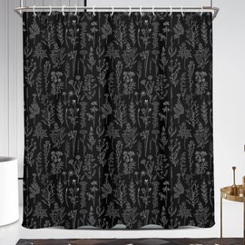 Coxila - Cortina de ducha floral clásico con flores negras, estilo rústico, retro, primavera, botánica, naturaleza, país, negro, bohemio, linda, flores silvestres, baño, tela de poliéster, 12 ganchos