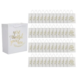 Fun Express 7 1/2" x 3 1/4" x 9" Bulk 48 Pieces Thankful You're Here White with Gold Kraft Gift Bags
