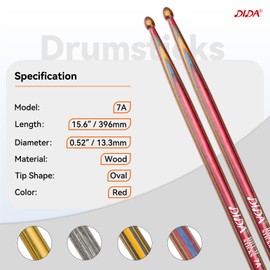 Drum Sticks for Drums, 7A Wooden Drumsticks, Consistent Weight and Pitch, Durable and Drum Stick for Jazz Drum Electronic Drums set, Drum Prastic Pad, Drumsticks for Professionals Beginners (Red)