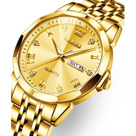 OLEVS Gold Watches for Men Diamond Casual Stainless Steel Luxury Business Dress Classic Date Analog Quartz Wrist Watches Waterproof Luminous